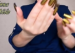 Golden manicured hands of Anna Mole in a sexy finger fetish scene