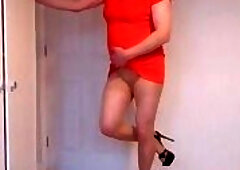 Red minidress, nude pantyhose and black high heels