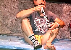 Playing with my cock after college in yellow lingerie and socks covered in cum