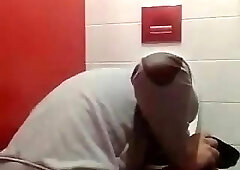 Dirty boy jerks and eats his own cum in public restroom