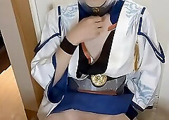 Cosplayer with a plug inserted