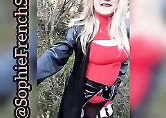 Breasty sissy, roadside doxy in red and ebony outfit