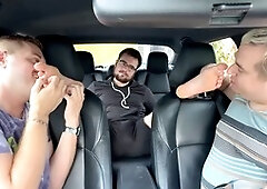 Car ride foot Worsip threesome