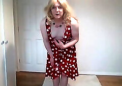 Blonde in a red polka dress and no panties
