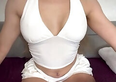 Gorgeous French first-timer shows off her sexy outfits and ends up fingering herself