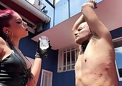 Femdom vixens mercilessly punishing a slave in BDSM threeway