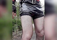 Sissy topless plays with his cock in car