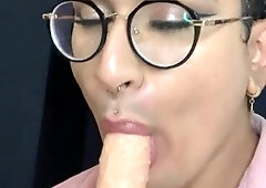 Fem Fuckslut Tonguing and Salivating on Fake Penis