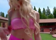 Bombastic blonde shemale takes a bareback pounding after being rimmed