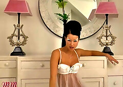Melisa Mendini in bridal lace slowly teases her small breasts on selfie cam in dim light