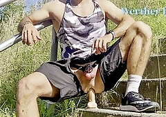 Horny jock plays with his tight hole in public and has explosive anal orgasm!