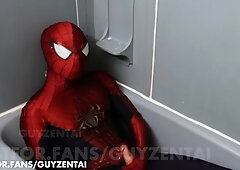 spiderman urinates all over his suit with firm dinky, faps off, pops in hiked webbing spidey costume