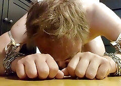Queer chastity victim eats cum ice cube to unlock his bondage