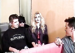 A golden-haired Bimbo golden-haired woman in a hot red leather outfit goes to an x projection room to see a porn episode, this babe will discover hers