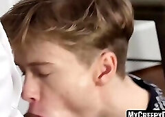 Blonde stepson's raw ass reaming by angry daddy after a deep throat job