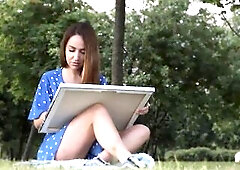 Natali Ruby is busy drawing during the time that in the park. A man sneaks up on her like a total creep, but this babe finds it cute sufficiently. Tha