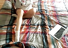 Masturbation whilst watching porn. Vagina wishes sex and cum. Finger screw for little red twat in bedroom. When have no boyfriend. Real climax in pink