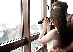 The Hawt Bodies of a Youthful Pair Joined in Hawt Vehement Sex on a Balcony Overlooking the Town