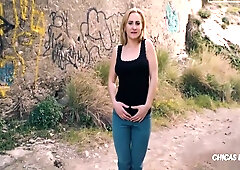 Tattooed blonde bombshell Helena Valentine gets brutally double-stuffed outdoors