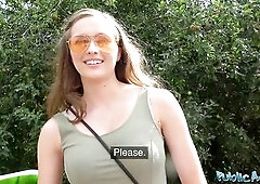 PublicAgent flawless boobs teen brunette hair flashes her body and rides a thick wang to climax outdoors in public