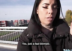 Public Agent Brunette hair with a pretty bubble ass banging a large plump jock