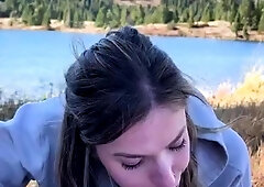 Cum starved teen sucks POV cock dry and clean outdoors