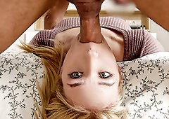 Beautiful blonde has no gag reflex when thrusted a big dick in her mouth