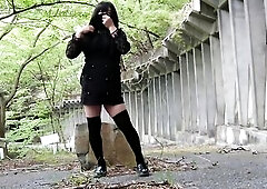 Skirtless kinky masturbatory jizz flow and lascivious urination in the forest