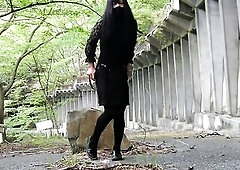 Skirtless kinky masturbatory jizz flow and lascivious urination in the forest