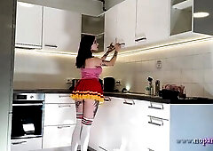 Amazingly marvelous large bazookas large butt cute sexually excited redhead with a short mini petticoat at home gets bored