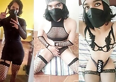 Submissive femboy sucks hard cocks on his knees