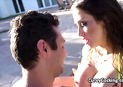 Super sexy big tit Bella looks stunning in her neon colored swimsuit. She got perfect round boobies made for riding hard dicks and pleasing them!