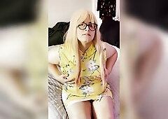 Ritha Pixie in a yellow suit showing her rod, biss booty, eating her own cum