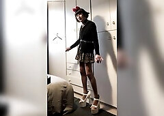 Andreina sissy walks to try on her fresh wedge shoes wearing sheer nylons