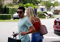 Cute sporty blonde in red lingerie Sky Pierce screwed from behind