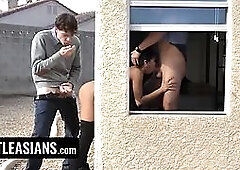 Pizza delivery asian princess gets stuck in the window and she has to blow 2 unhelpful boners - crew skeet