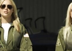Hot blonde pilot is on her knees, doing a blow job to her collegue