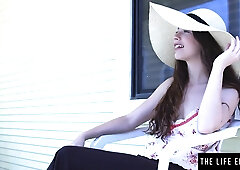 Cute brunette talks about her sexy experiences as she masturbates