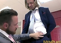 Bearded businessman Logan Moore fucked raw after hot blowjob