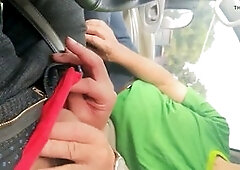 Old Chinese man strokes younger cock in the car