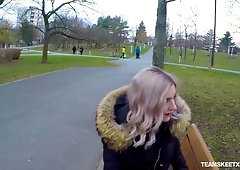 Naughty Russian teen Eva Elfie gives a blowjob in public for money