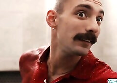 Breasty golden-haired tranny Ivory Mayhem does laundry when a male chap suddenly bareback analed her doggy position. Later on, their large schlongs ar