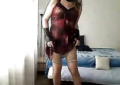 excited mother I'd like to fuck transsexual showing off her body and touching in front of the camera in her recent costume, light brown sheer hos