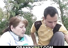 Chap helps injured breasty curly vagina granny