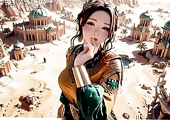 From the quiet gaze of a desert palace to the bustling market, this Green Gold Queen is staging a luxurious coronation. Clothed in a constricted exoti