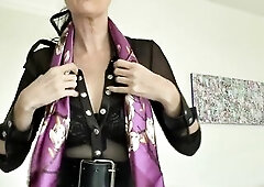 This day I’m showing u 3 recent satin neck scarves. I’m wearing a hawt outfit a sheer ebony bodysuit and a wide leather strap. Glossy satin scarve