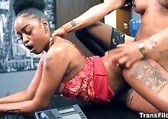 Leilani Li blows away her horny boss Destiny Mira with intense hardcore action in the office