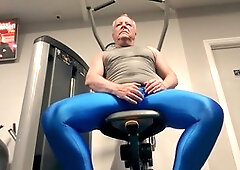 Electric blue stockings at the gym in the locker room