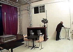 Slim blond gives a chap a foot job previous to riding him reverse cowgirl and making him cum all over her feet.