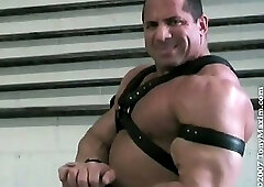 Tony Maxim Flexing and Posing Wearing A Leather Harness And Armbands